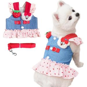ANIAC Denim Dog Dress Harness with Leash Set Cute Small Dogs Clothes Girl Heart Patterns Puppy Dresses Breathable Mesh Cat Harness Leash Strawberry Chihuahua Yorkie Outfit (Pink Heart, Large)(Pink heart)