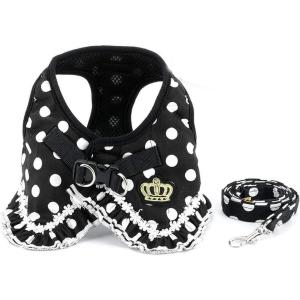ANIAC Polka Dots Dog Harness Dress and Leash Set Step in Puppy Harness for Small Dog Breathable Mesh Padded Cat Vest Harness for Kitten Pug Pomerania Yorkie Chihuahua (Small, Black)