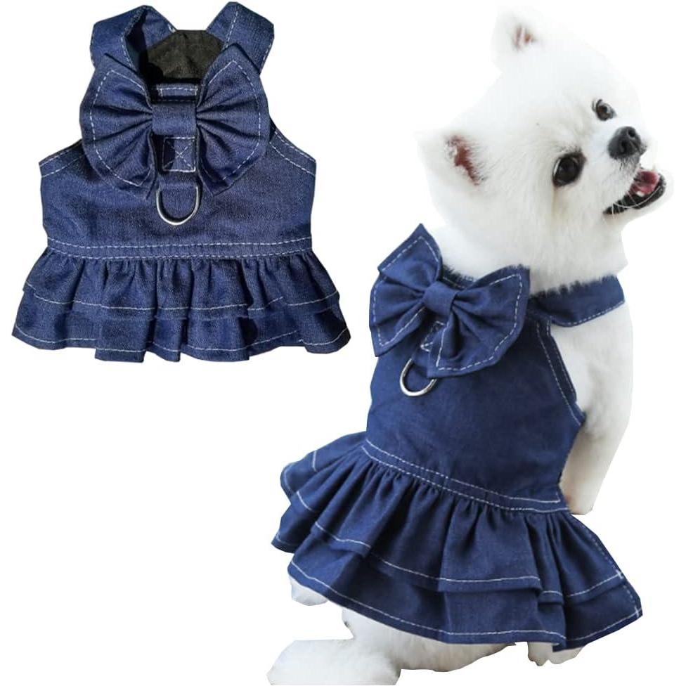imageANIAC Denim Dog Dresses for Small Dogs Puppy Girl Clothes with Leash Ring and Cute Bow Knot Summer Cat Apparel with DRing Blue Girl Dog Clothes Dark BlueSmallDenim Bow