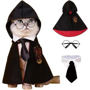 ANIAC 3PCS Halloween Dog Costume Cat Wizard Cape Glasses and Necktie Set Halloween Puppy Outfit Pet Academy Academy Magician Cosplay Apparel for Kitten Cat Small Dogs (Black+Red, Medium)(Black+Red)