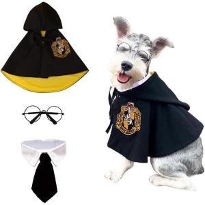 ANIAC 3PCS Halloween Dog Costume Cat Wizard Cape Glasses and Necktie Set Halloween Puppy Outfit Pet Academy Academy Magician Cosplay Apparel for Kitten Cat Small Dogs (Black+Red, Medium)(Black+Yellow)