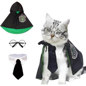 ANIAC 3PCS Halloween Dog Costume Cat Wizard Cape Glasses and Necktie Set Halloween Puppy Outfit Pet Academy Academy Magician Cosplay Apparel for Kitten Cat Small Dogs (Black+Red, Medium)(Black+Green)