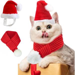 ANIAC Cat Santa Hat with Scarf Dog Xmas Cap Puppy Christmas Costume Pet Warm Headgear Doggy Neck Accessories for Cats and Small Dogs(Small)(Red)