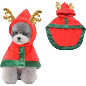 ANIAC Christmas Puppy Reindeer Costume Xmas Dog Elk Cloak with Antlers Cat Santa Cape Christmas Dog Outfit for Small Medium Dog (Medium, Brown)(Red-2)
