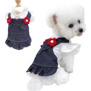 ANIAC Denim Dog Dresses for Small Dogs Puppy Girl Clothes with Leash Ring and Cute Bow Knot Summer Cat Apparel with D-Ring Blue Girl Dog Clothes (Dark Blue,Small)(3D red flowers)