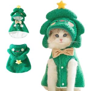 ANIAC Dog Christmas Cape Coat with D-Ring Cat Santa Costume with Xmas Tree Hat Newyear Dogs Outfit Warm Puppy Clothes for Small Dog Holiday Pet Cloak for Cat (Brown, Medium)(Green)