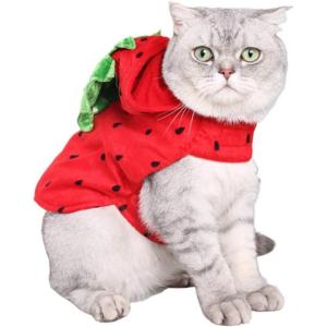 ANIAC Dog Halloween Costume Strawberry Cat Costume Red Puppy Hoody Christmas Dog Outfit with hat Warm Coat Pet Santa Poncho for Cats and Small Dogs