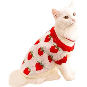 ANIAC Fall Dog Sweater for Small Dog Girl Strawberry Knitted Cat Sweater Winter Puppy Clothes Turtleneck Kitten Knitwear Could Weather Outfit for Teacup Chihuahua Yorkie Poodle (X-Small, Orange)(Red strawberry)