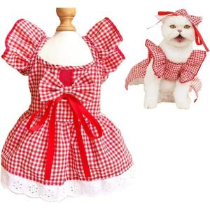 ANIAC Floral Dog Dress with D-Ring Dog Dresses for Small Dogs Girl Bow Cat Dress for Cat only Dog Outfit Summer Puppy Clothes for Chihuahua Yorkie Dachshund Pomeranian (Small, Floral)(Plaid)