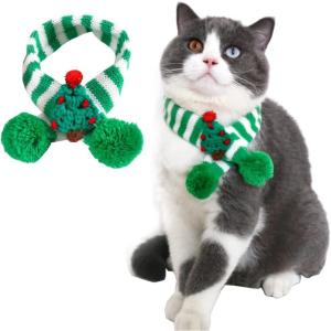 ANIAC Pet Christmas Scarf with Xmas Tree and Pompom Decor Doggy Soft Bandana Warm Neck Accessories Holiday Dog Outfits for Cats Puppy Kitten and Small Dogs (Small, Green)(Green)