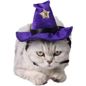ANIAC Pet Halloween Costume Adjustable Magic Witch Hat with Bell Star Decor for Cats and Small Dogs Purple(Purple)